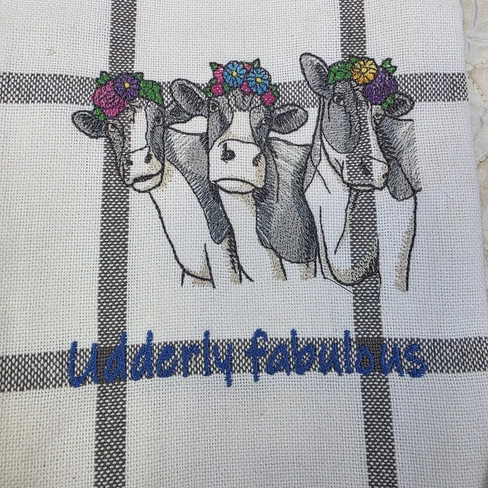 Lot Of 4 Funny Cow Kitchen Towels Silly Sarcasm‎ Windowpane Buffalo Plaid